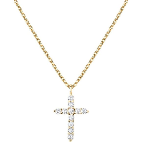 Jewelry - New Yellow Gold 14K Gold Plated Cubic Zirconia Cross Faith Pendant Necklace